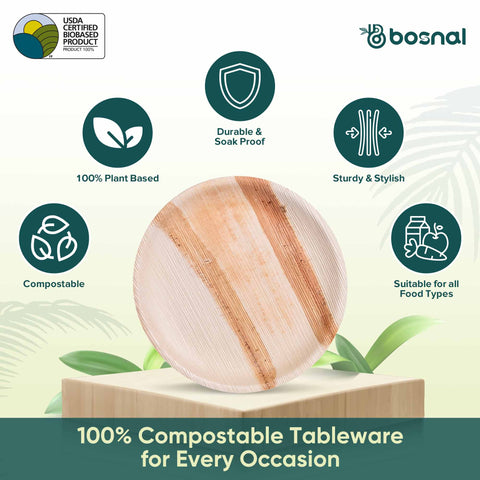 Bosnal - Palm Leaf Biodegradable Plates, 9 inch, Round - College Bath and Body